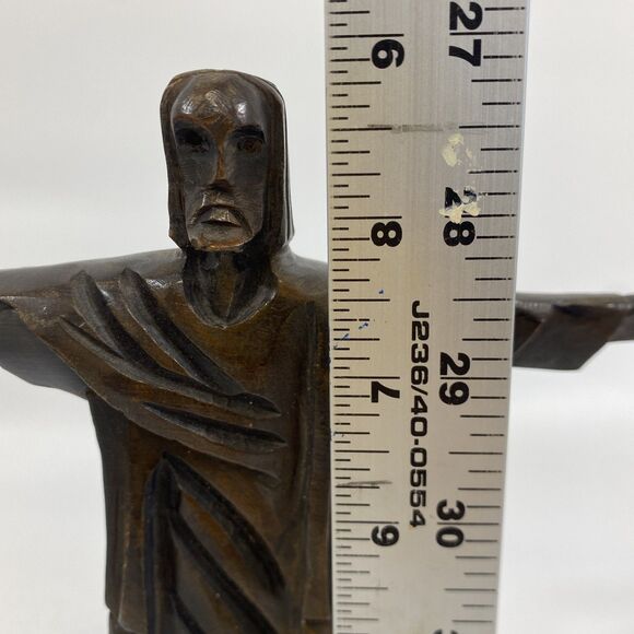 Carved Wood ‘Christ The Redeemer’ 8.75” Vintage Sculpture Figurine, Rio Souvenir - Picture 10 of 11